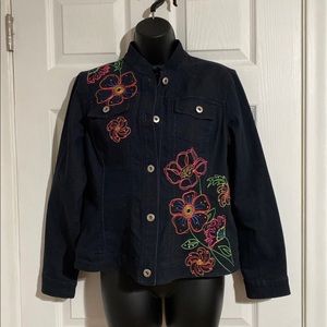 Multiples Embroidered Button Down Cropped Denim Jacket Sz SP